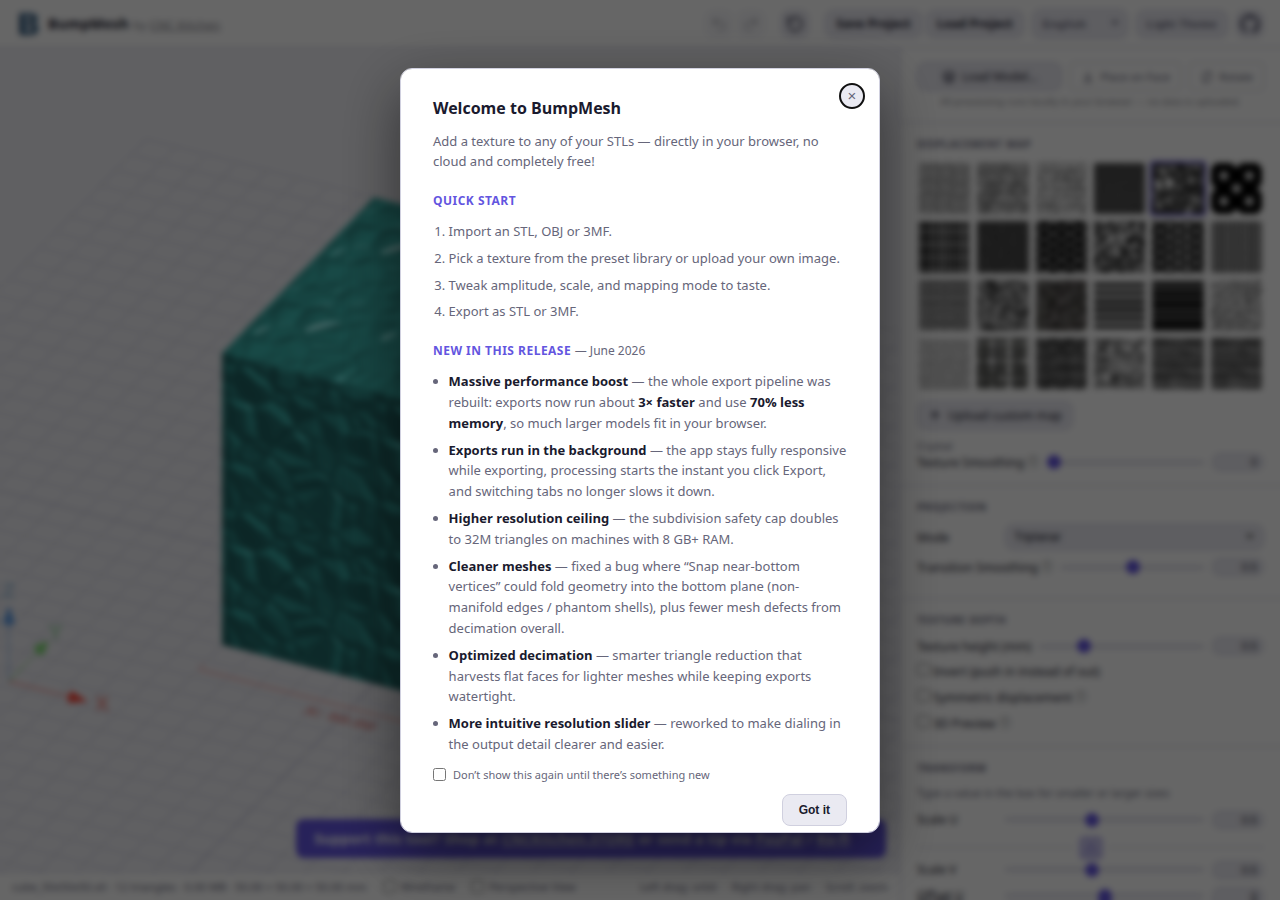 BumpMesh web application interface showing a teal cube with crystal displacement texture applied, the displacement map selector panel with 24 built-in textures, and controls for triplanar projection mode and texture depth