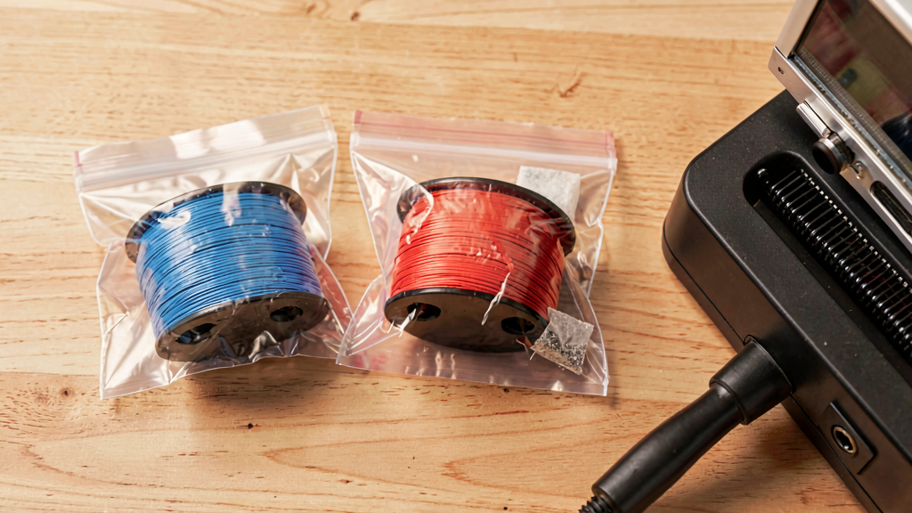 Filament spools stored in vacuum-sealed bags with desiccant packs next to an open spool on a shelf