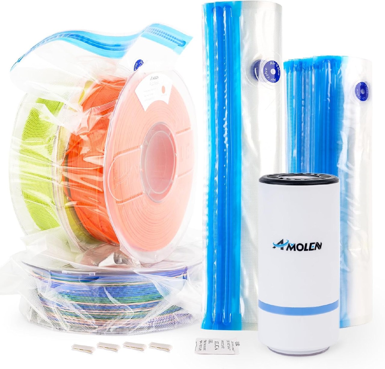 Molen vacuum sealer kit with storage bags, silica gel packs, and clips for 3D printer filament