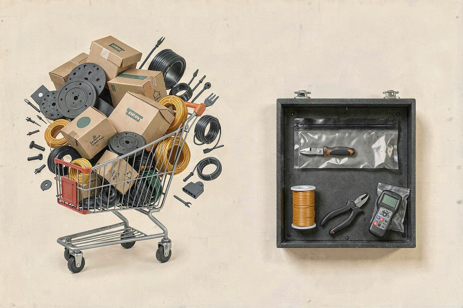 An overloaded shopping cart of redundant 3D printer accessories beside a small curated toolbox of useful essentials