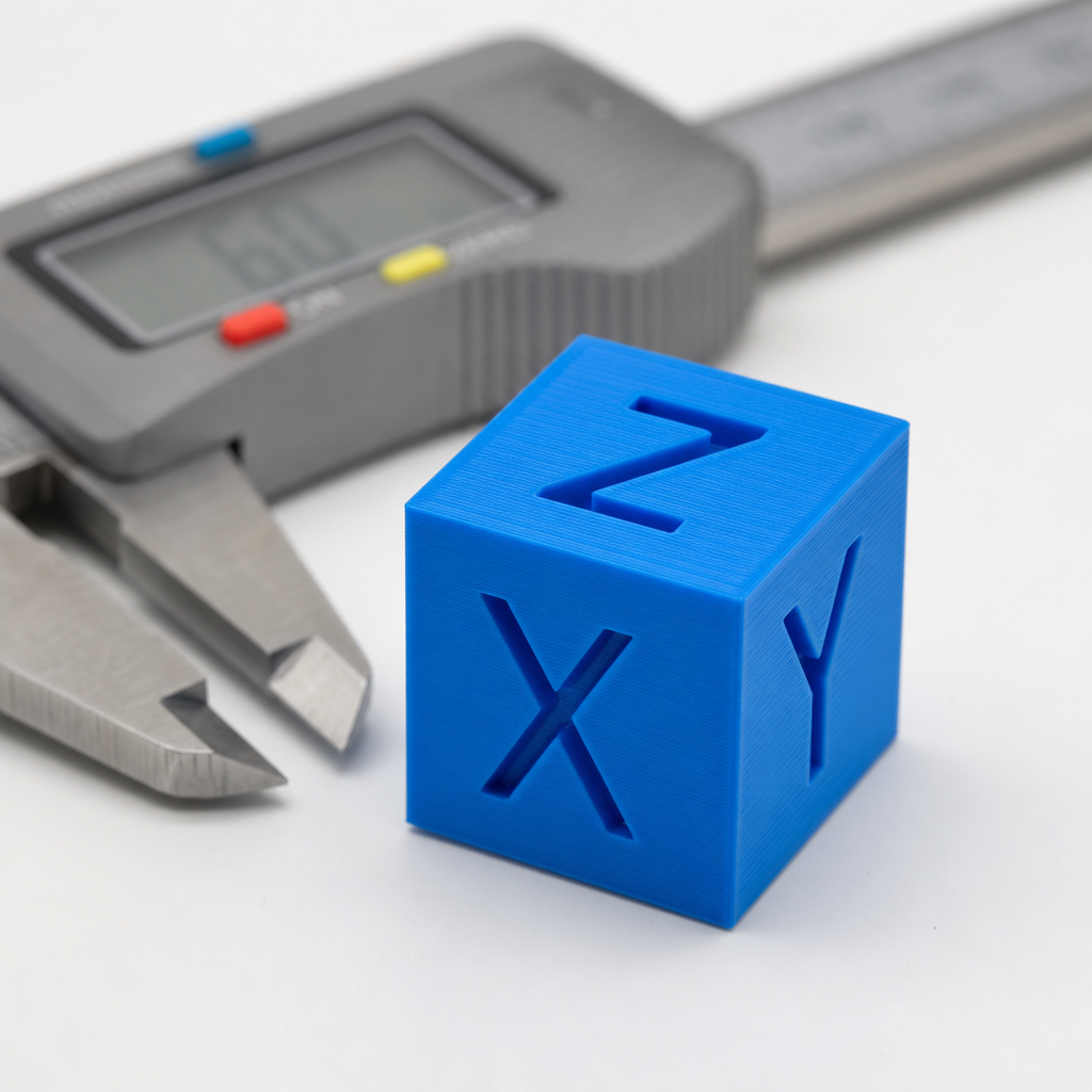 A 3D printed PLA calibration cube next to digital calipers showing dimensional accuracy
