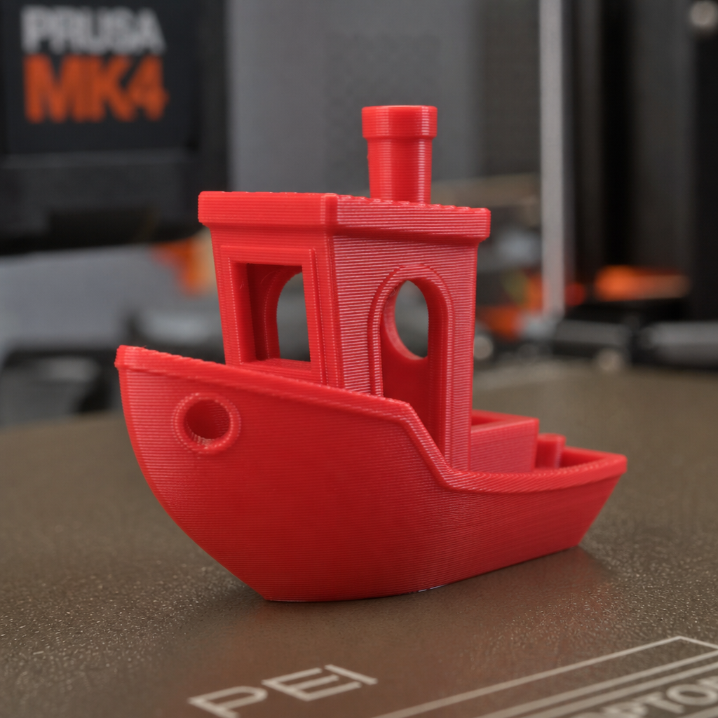 A high-quality 3D printed PLA Benchy showing clean surface finish on a textured PEI build plate